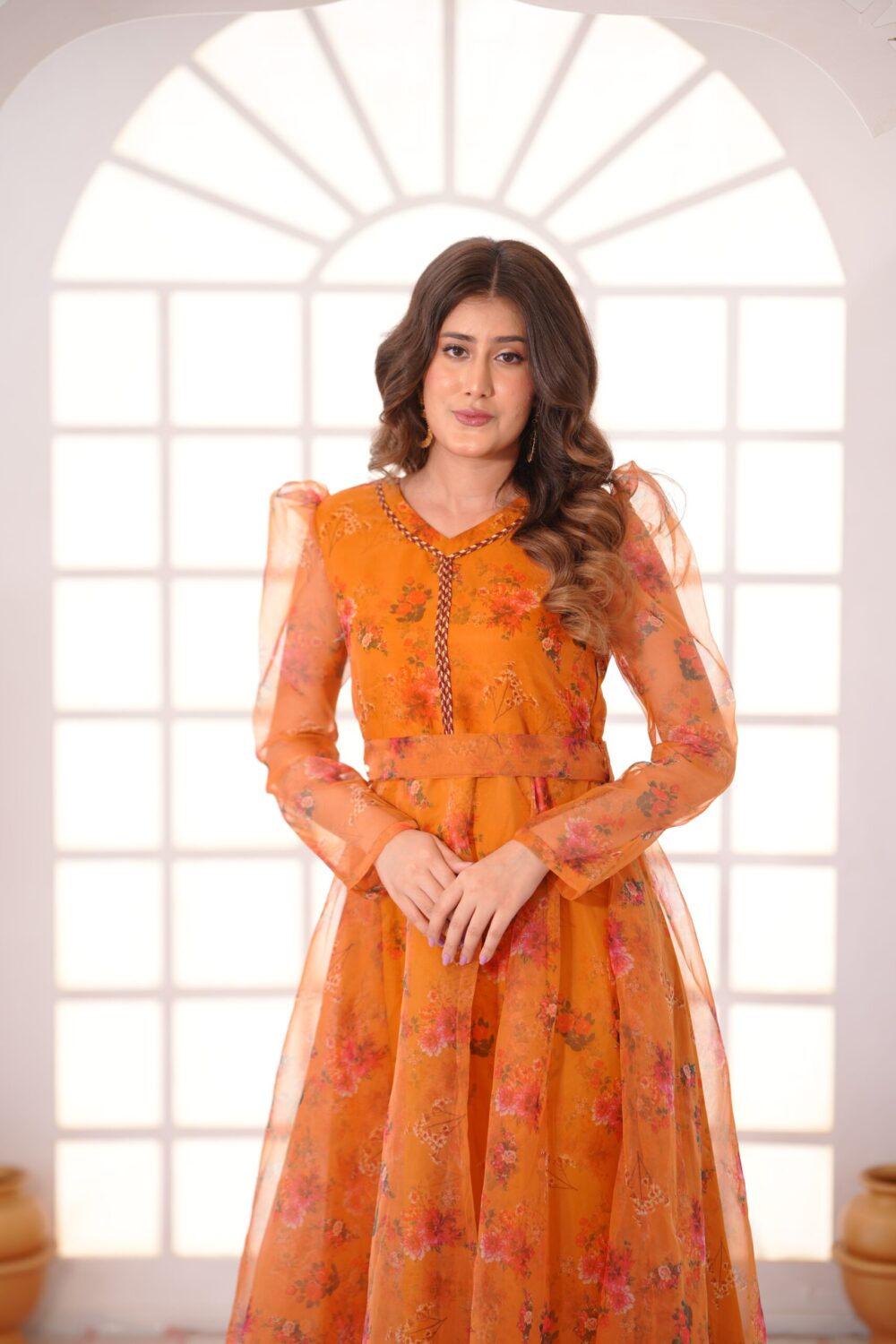 luxury printed organza frock dress with elegant lace