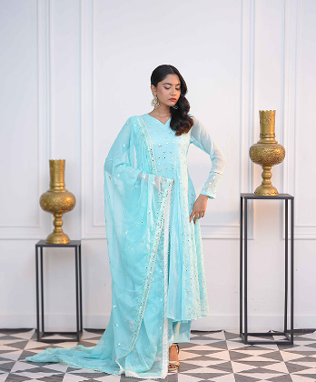 sophisticated sky blue dress with mirror work embellishment 3 piece